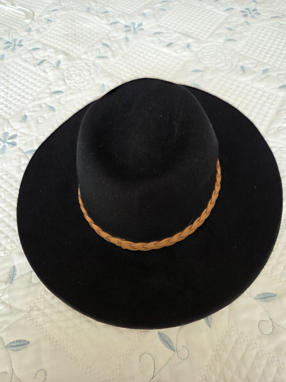 Black Wide-Brim Wool Hat with Braided Tan Band